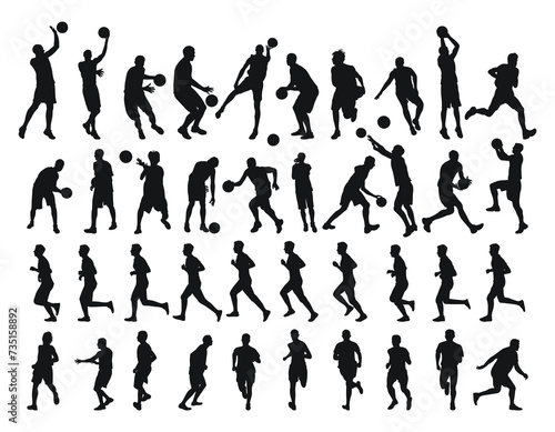 Large collection of male basketball players silhouettes, athletes runners. Basketball, athletics, running, cross, sprinting, jogging
