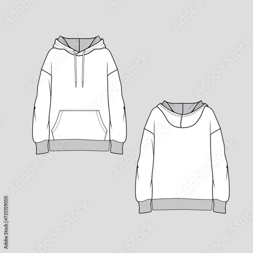 Boy Friend Hoodie drop shoulder Kangaroo pocket drawstring Ribbed  hem Fashion  winter sweatshirt flat sketch cad drawing template