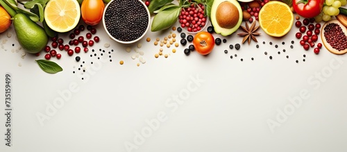 Variety of fresh whole unprocessed food healthy nutrition anti inflammatory diet products top view. Creative Banner. Copyspace image