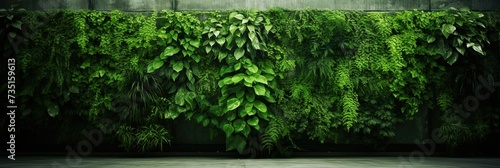 Lush green living wall, overgrown jungle photo