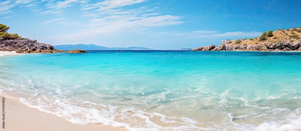 Tropical sandy beach with turquoise water in Elafonisi Crete Greece. Creative Banner. Copyspace image