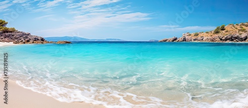 Tropical sandy beach with turquoise water in Elafonisi Crete Greece. Creative Banner. Copyspace image photo