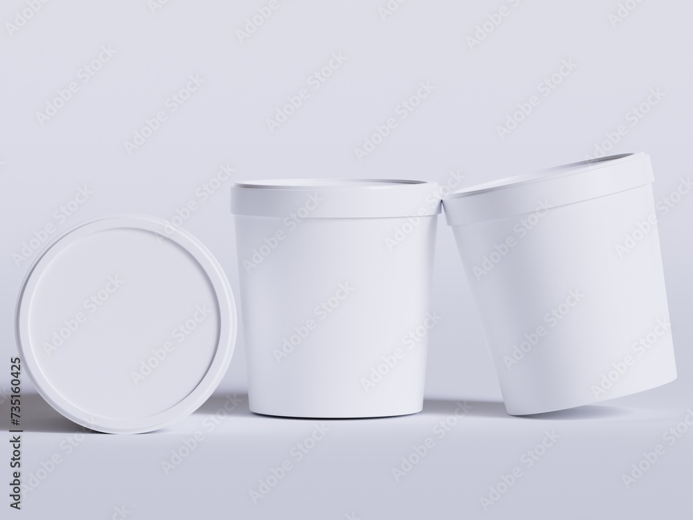 Ice cream buckets. Realistic blank white mockup of ice cream paper food container. 3D render illustration empty for mockup collection Ice cream buckets. Realistic blank white mockup of ice cream paper food container. 3D render illustration empty for mockup collection