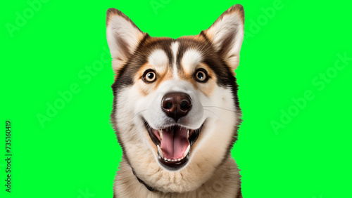 Portrait photo of smiling Siberian Husky on green background