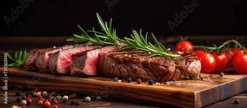 Modern style traditional barbecue dry aged wagyu porterhouse beef steak bistecca alla Fiorentina sliced and served as close up on a wooden design board. Creative Banner. Copyspace image photo