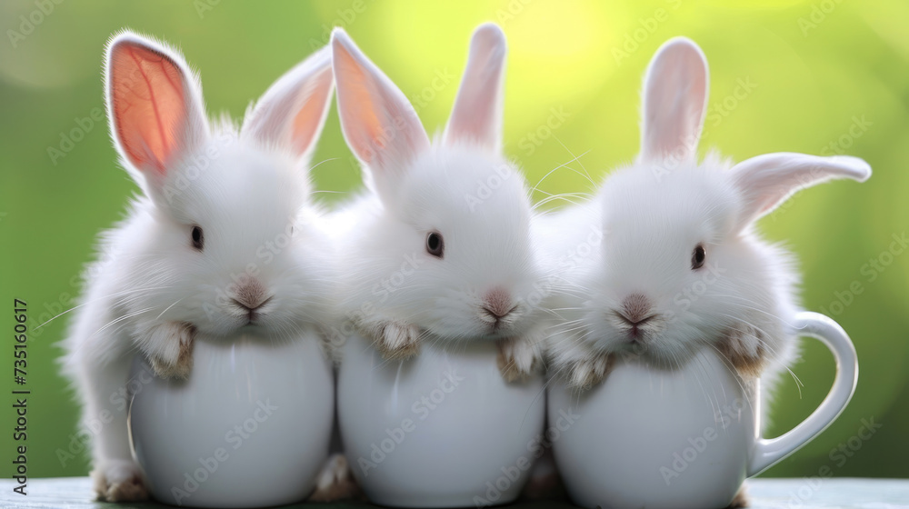 Little white Easter bunnies sit in cups on a blurred nature background. Easter background for design. Little white Easter bunnies sit in cups on a blurred nature background. Easter background for design.