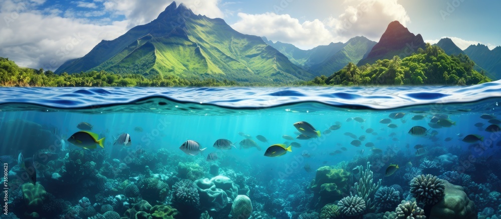 Tropical seascape over and under water island coastline and group of fish underwater Pacific ocean French Polynesia Oceania. Creative Banner. Copyspace image