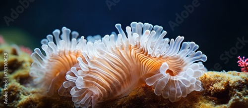 White tiny tube worm in macro scene in marine reef aquaium. Creative Banner. Copyspace image photo