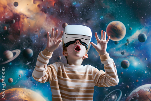 surprised kid boy wearing VR virtual reality glasses, background of space.