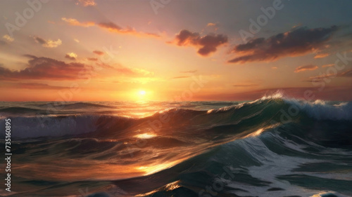 Sea at sunset  waves in the sea. AI generative.