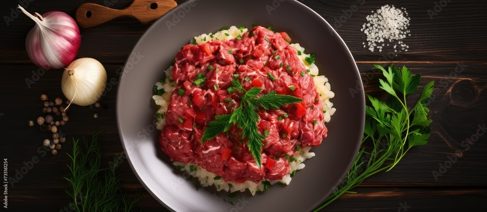 risotto with beef tartare close up an Italian traditional dish top view flat lay. Creative Banner. Copyspace image risotto with beef tartare close up an Italian traditional dish top view flat lay. Creative Banner. Copyspace image