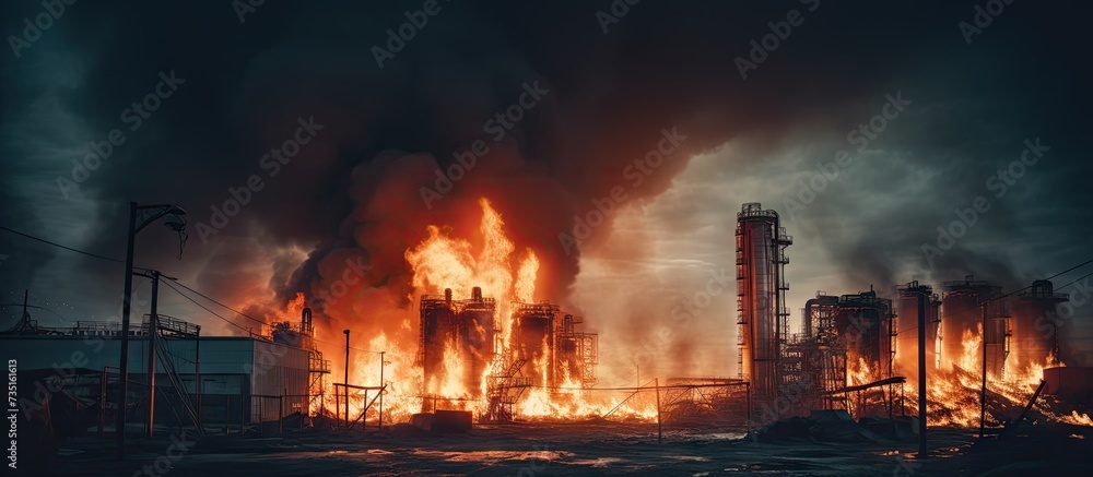 Major fire at an industrial plant The flame breaks out firefighters put out the fire. Creative Banner. Copyspace image Major fire at an industrial plant The flame breaks out firefighters put out the fire. Creative Banner. Copyspace image