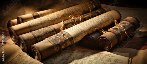 Old scroll library Stack of ancient scrolls Medieval manuscripts library. Creative Banner. Copyspace image