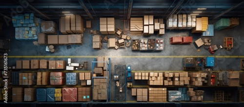 Stored goods in large distribution warehouse elevated view. Creative Banner. Copyspace image