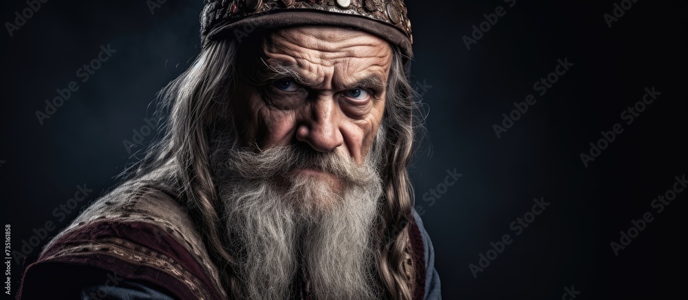 Old senior man with grey hair and long beard wearing viking traditional costume skeptic and nervous frowning upset because of problem negative person. Creative Banner. Copyspace image Old senior man with grey hair and long beard wearing viking traditional costume skeptic and nervous frowning upset because of problem negative person. Creative Banner. Copyspace image