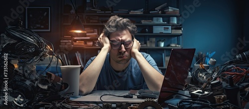 Stressed sad developer programming server database feeling frustrated about artificial intelligence failure at night Overworked programmer feeling tired working with html it code workload © HN Works