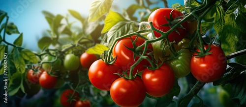 red ripe tomatoes on a green bush in the garden. Creative Banner. Copyspace image