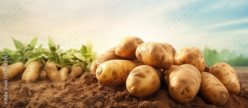 The concept of growing food Fresh organic new potatoes in a farmer s field A rich harvest of tubers on the ground. Creative Banner. Copyspace image