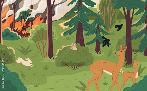 Scared wild animals running away wildfire in forest scene