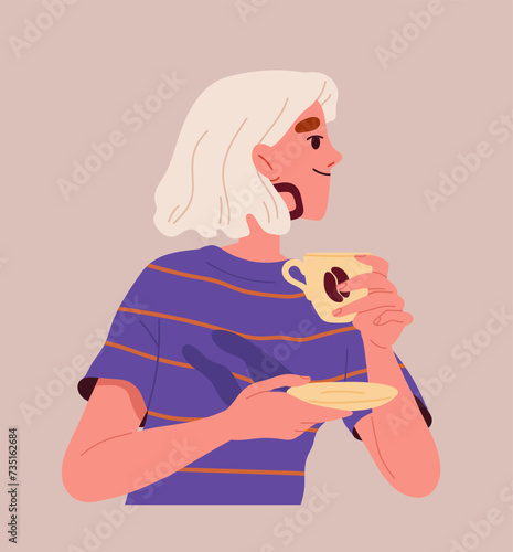 Person drink coffee concept. Woman with hot drink in mug. Aroma and beverage. Cappuccino and Americano. Poster or banner. Cartoon flat vector illustration isolated on brown background