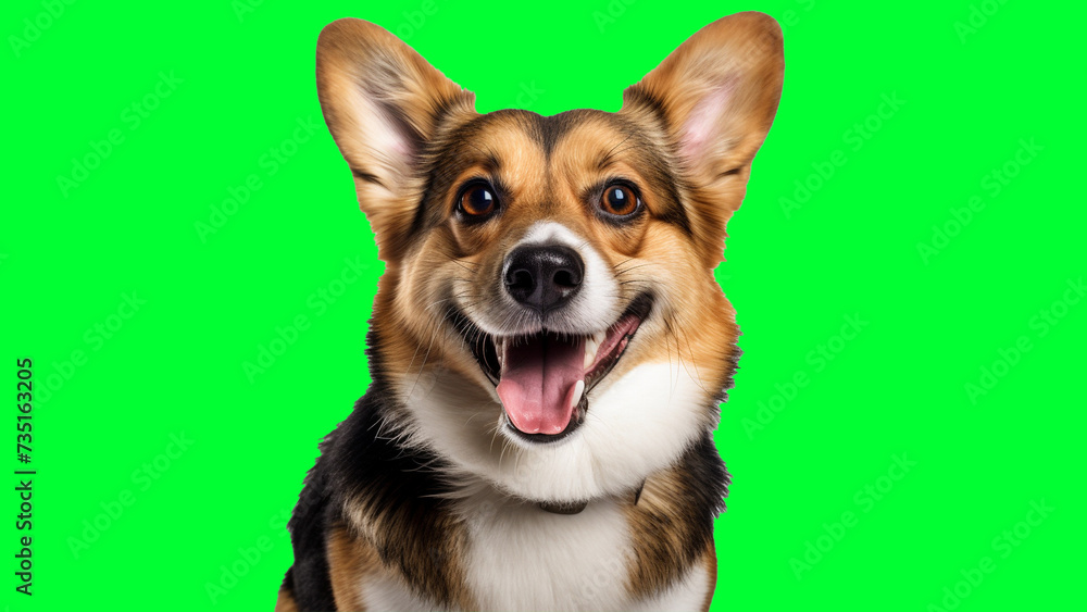 Portrait photo of smiling Corgi on green background