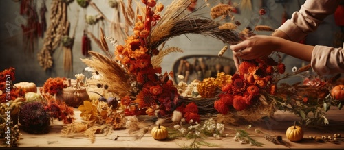 Making floral autumn door wreath from natural materials colorful rosehip berries rowan dry flowers and pumpkins Fall flower decoration workshop Florist workplace. Creative Banner. Copyspace image