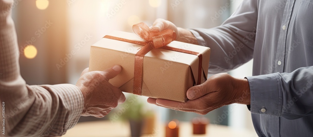 young man giving gift box to happy dad while congratulating him on fathers day. Creative Banner. Copyspace image