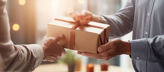 young man giving gift box to happy dad while congratulating him on fathers day. Creative Banner. Copyspace image