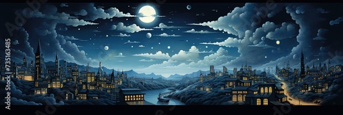 Moonlight fantasy metropolis, wide banner of night city with luminous windows in art style