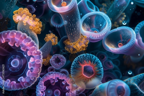 high detail microscopic view of complex colorful coral structures, scientific background photo