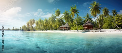 Small island in the Maldives covered by palms and surrounded by turquoise blue waters with with beautiful corals and animals perfect escape from the cold winter. Creative Banner. Copyspace image © HN Works