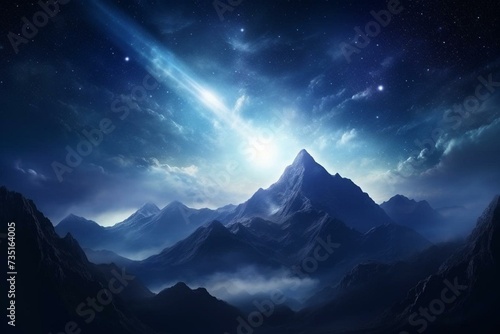 Stunning celestial lights illuminate majestic mountain range, with space for text. Generative AI