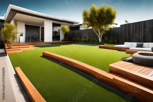 Contemporary Lawn Turf with Wooden Edging in Front Yard of Modern Australian House. Artificial Grass with Clean Design and Boundary Decoration