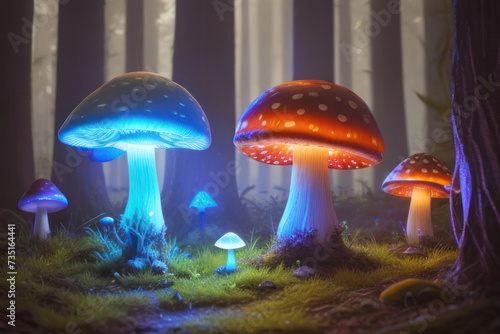 Magic glowing mushrooms in the forest. AI generative.