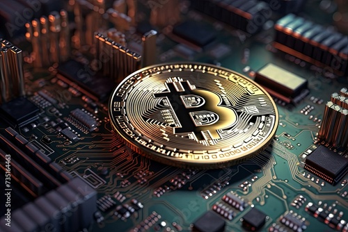 Golden bitcoin on circuit board, digital currency, crypto coin concept
