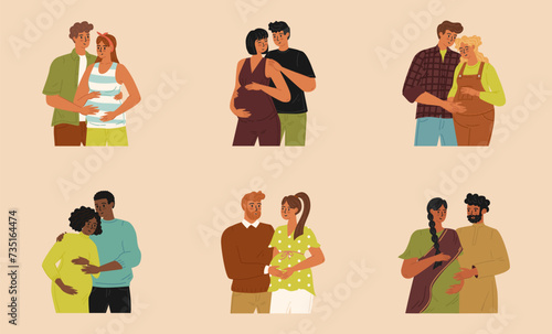 Isolated set of loving couple characters expecting childbirth