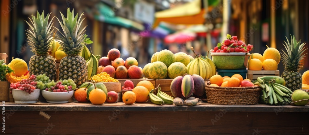 Fototapeta premium View of a street market of natural products tables full of tropical fruits such as pineapples bananas melon apples oranges and a great variety of fresh fruits. Creative Banner. Copyspace image