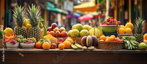 View of a street market of natural products tables full of tropical fruits such as pineapples bananas melon apples oranges and a great variety of fresh fruits. Creative Banner. Copyspace image photo