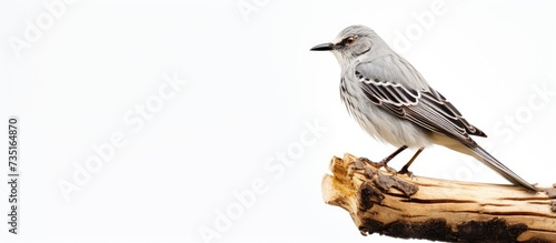 Side view of elegant grey bird common starling Sturnus vulgaris sitting on wooden branch stump cut tree on white background Springtime homecoming birdwatching ornithology Isolated copy space © HN Works