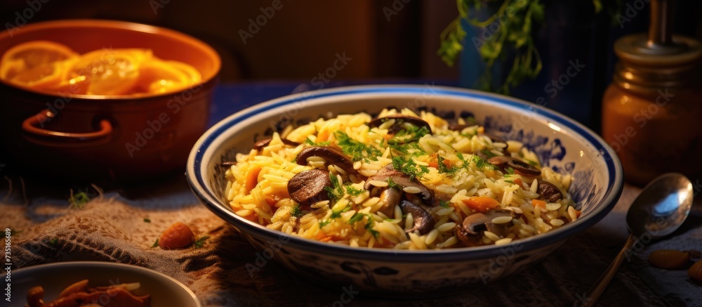 Rich and creamy bowl of orzo pasta topped with seared baby bella mushrooms served in an orange ceramic dish with a blue napkin pop of color cozy night in or a sophisticated dinner party Rich and creamy bowl of orzo pasta topped with seared baby bella mushrooms served in an orange ceramic dish with a blue napkin pop of color cozy night in or a sophisticated dinner party