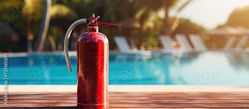 Watercourse fire extinguisher red ready to use in the outdoor. Creative Banner. Copyspace image photo