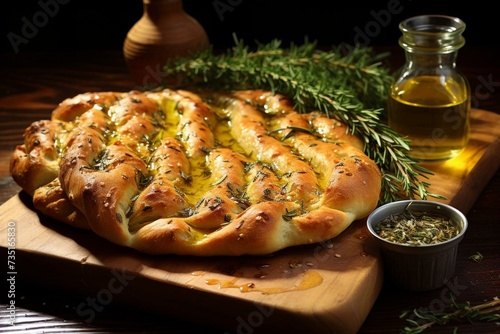 An enticing image of a delicious fougasse bread, baked with olive oil and herbs. Generative AI photo