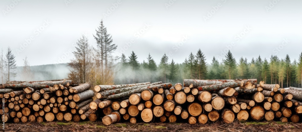 Pile of felled pine wood in forest felled illegally from protected area Parnu county Estonia. Creative Banner. Copyspace image