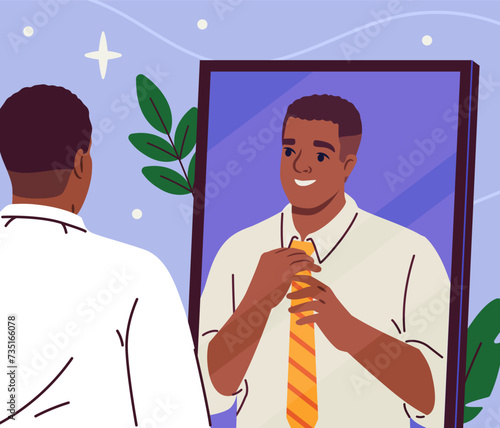 Person with mirror concept. Man look at reflection. Self confidence and acceptance. Feelings and facial expression. Poster or banner. Cartoon flat vector illustration isolated on blue background