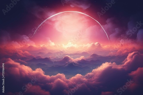 Glowing circle in colorful cloud, dreamy sky. Generative AI