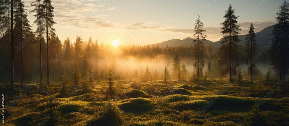 Majestic evergreen pine forest in a fog at sunrise Mighty trees plants moss Sunbeams sunshine Atmospheric autumn landscape Finland Nature deforestation and reforestation ecology themes - obrazy, fototapety, plakaty 
