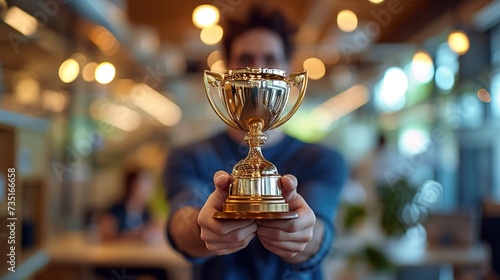 Focused image of a gold trophy held by a person, symbolizing success and triumph in a bright modern office.