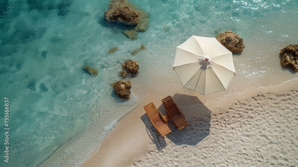 Naklejka premium two sun bed and a sun shade umbrella on the sandy beach by the ocean, drone, from above