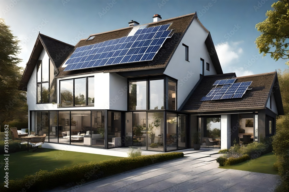 Modern English style house with solar panels on the roof Modern English style house with solar panels on the roof