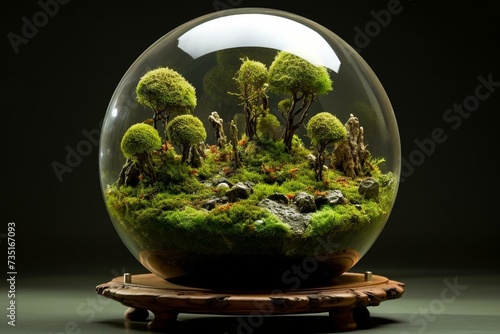 Whimsical biosphere featuring moss and fungi on wooden stand. Generative AI photo